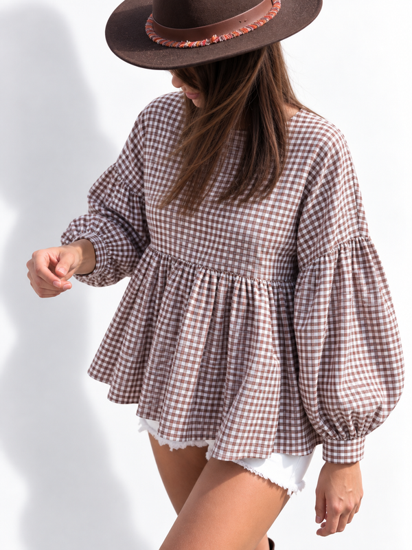 blusa cotone quadretto vichy brown