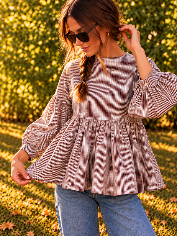 blusa cotone quadretto vichy brown